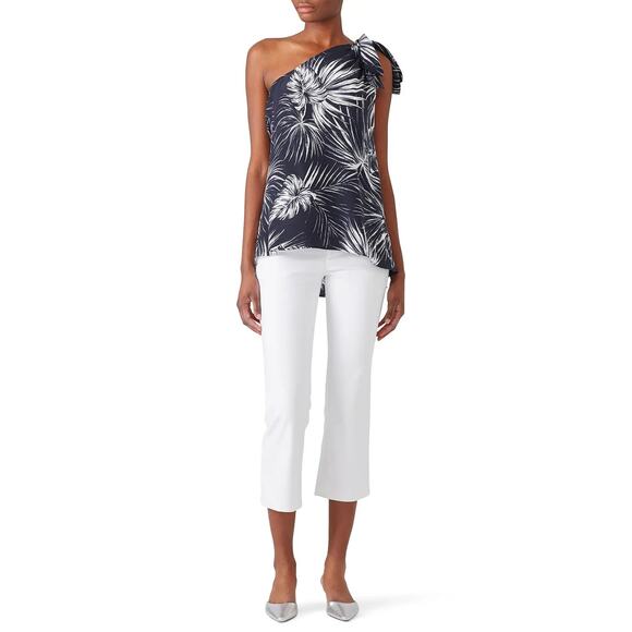 Shoshanna Carmona Navy Leaf Jacqueline Silk One Shoulder Tropical Top XS - Picture 1 of 8